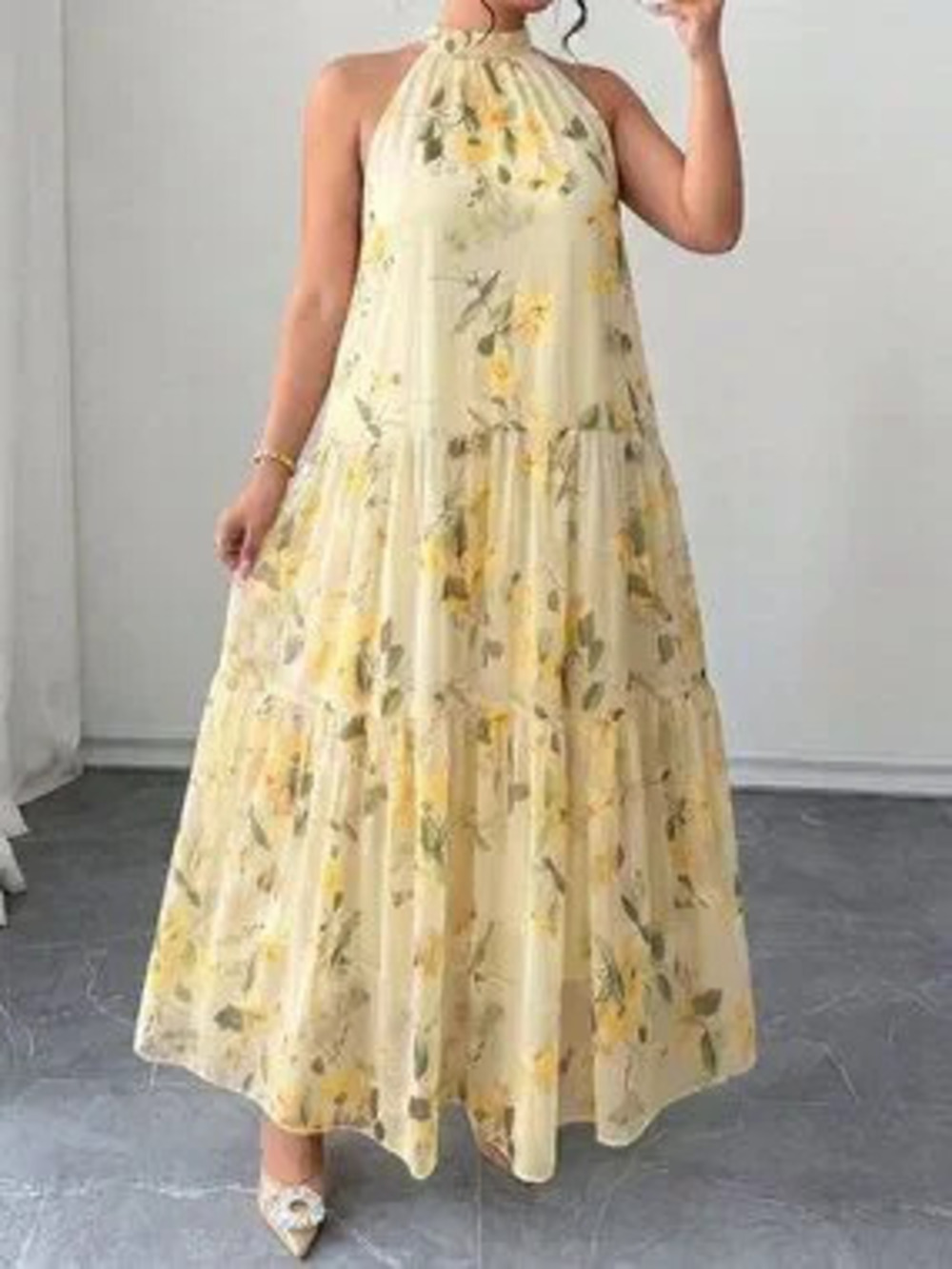 Light Yellow Boho Women's Floral Strapless Back-Tie Sleeveless Long Dress